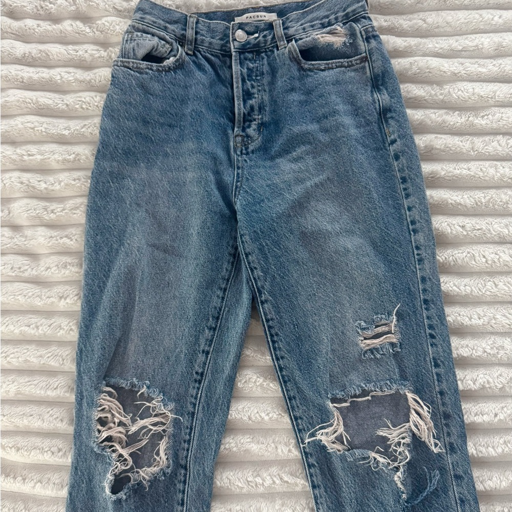 Pacsun Eco Medium Blue Distressed High Waisted Straight Leg Jeans